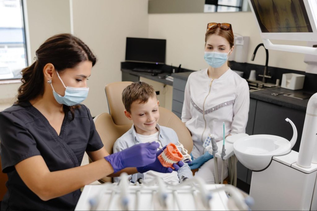 A pediatric dentist uses a model to teach her patient about proper dental care.